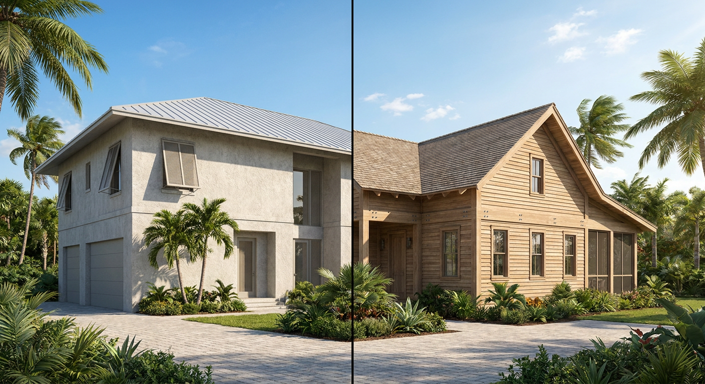 Florida home construction comparison showing concrete block versus wood frame