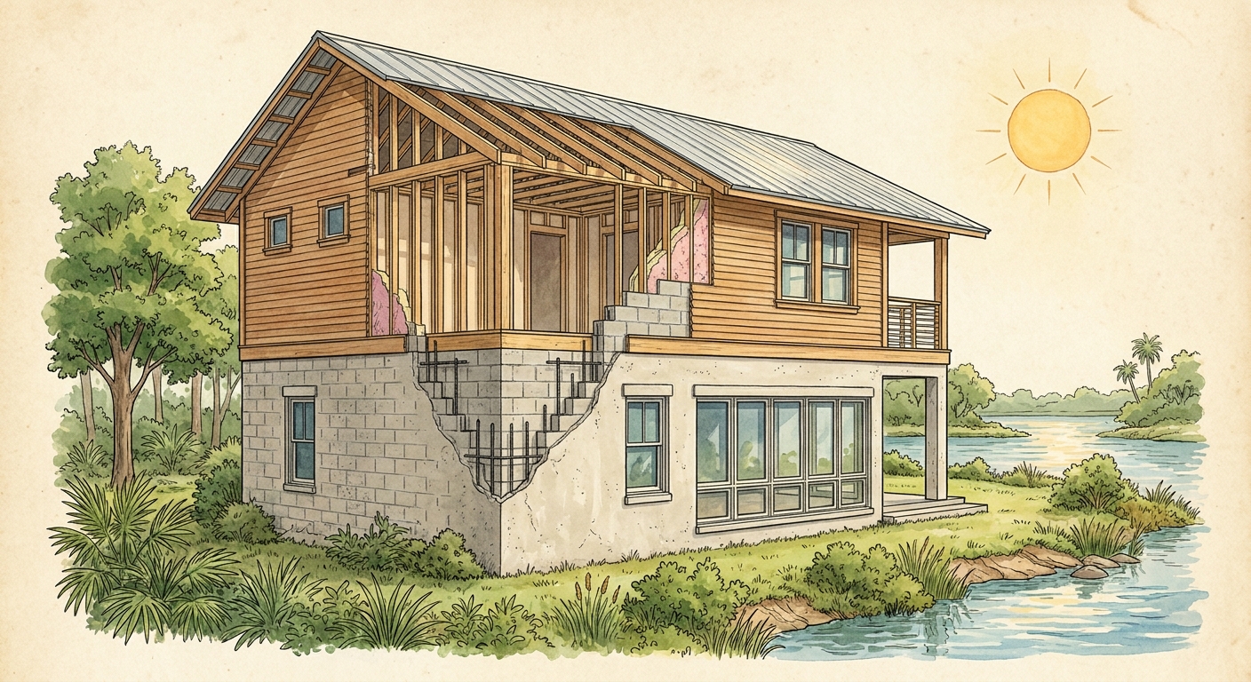 Florida hybrid construction concept combining concrete block and wood frame